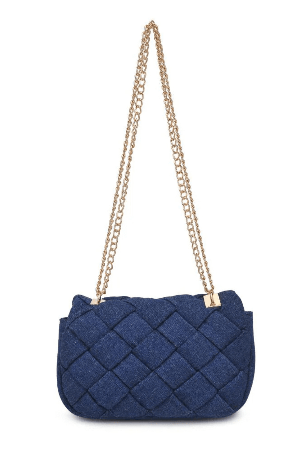 Denim woven crossbody bag with gold chain strap and rounded flap, quilted diamonds