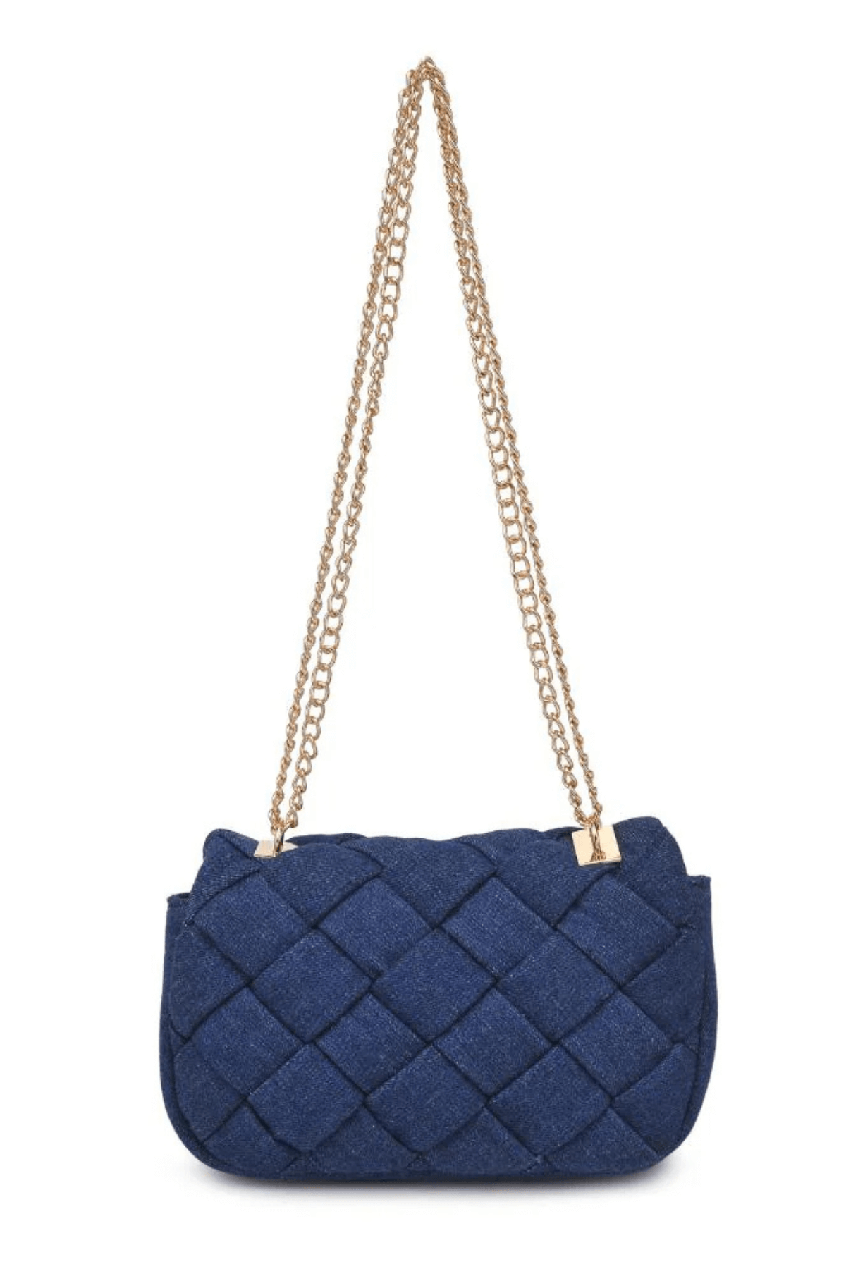 Denim woven crossbody bag with gold chain strap and rounded flap, quilted diamonds