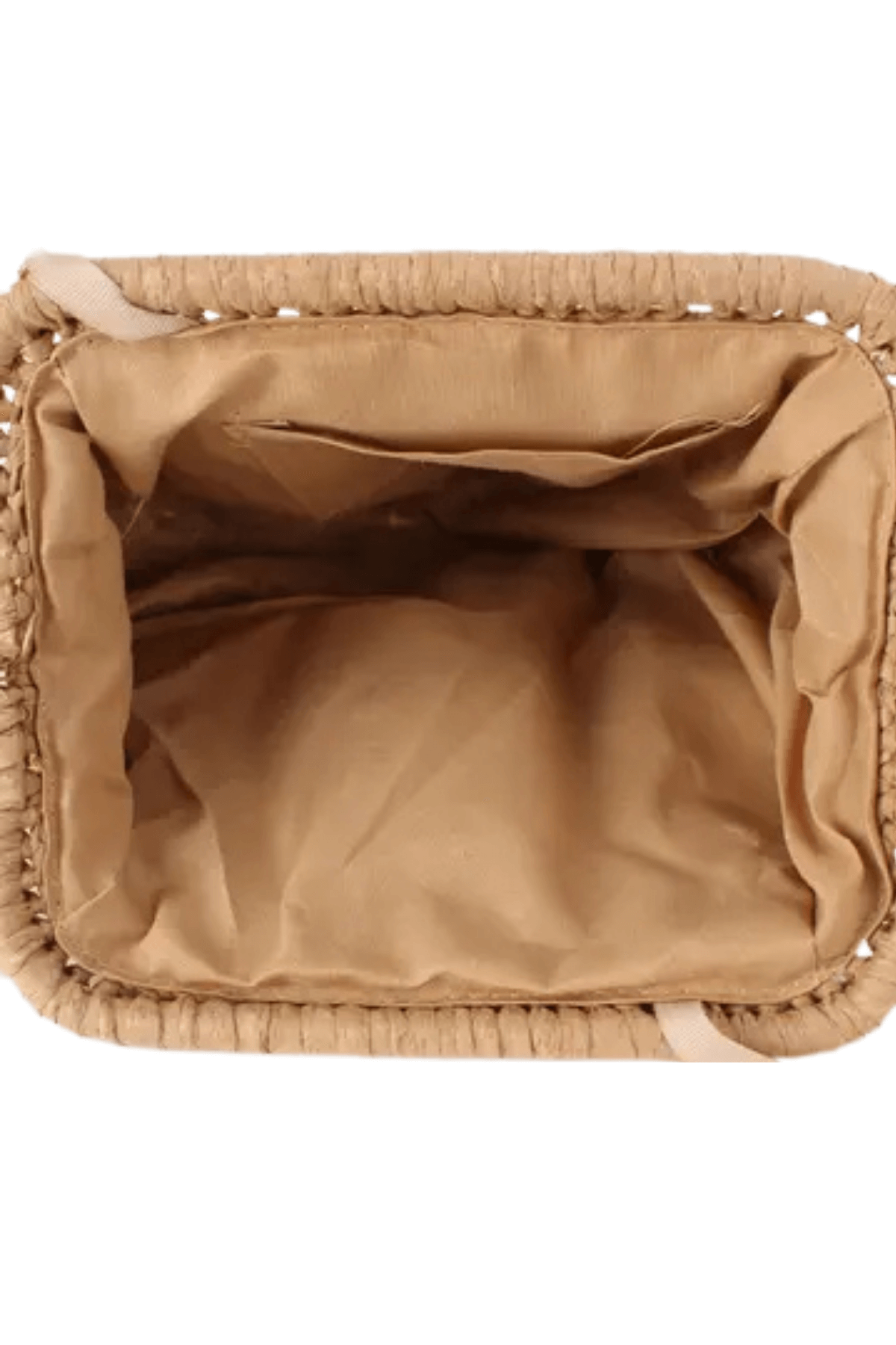 Camel raffia crossbody bag interior lining with open top