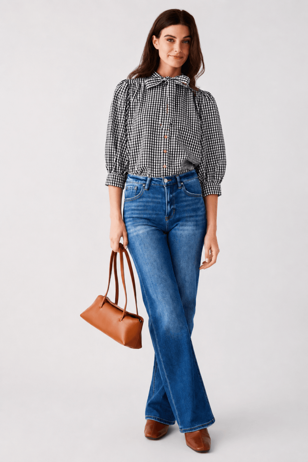 THML gingham tie-neck blouse with button front and puff sleeves