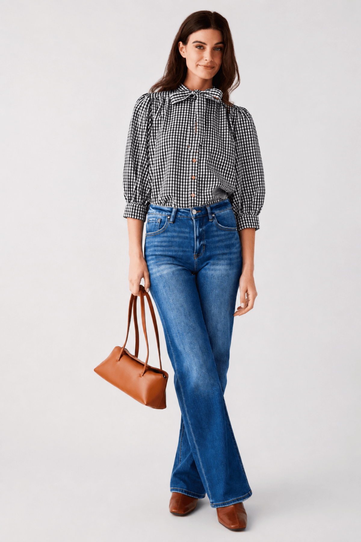 THML gingham tie-neck blouse with button front and puff sleeves