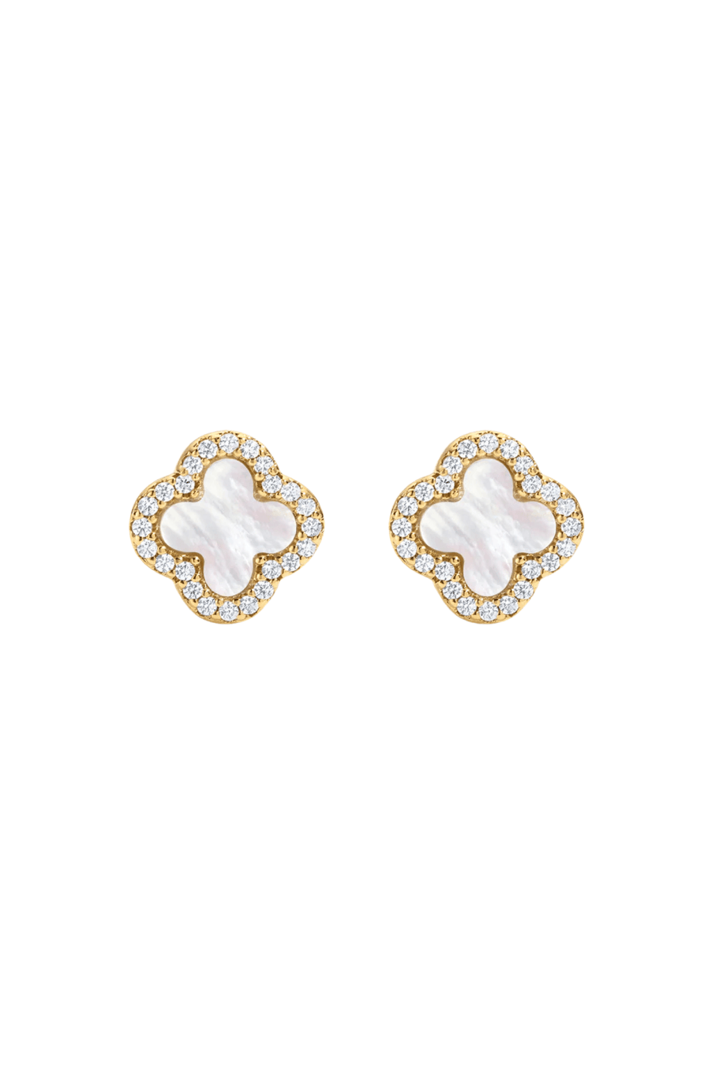 Gold clover icon stud earrings with white sparkle and rhinestone border, pair