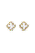 Gold clover icon stud earrings with white sparkle and rhinestone border, pair