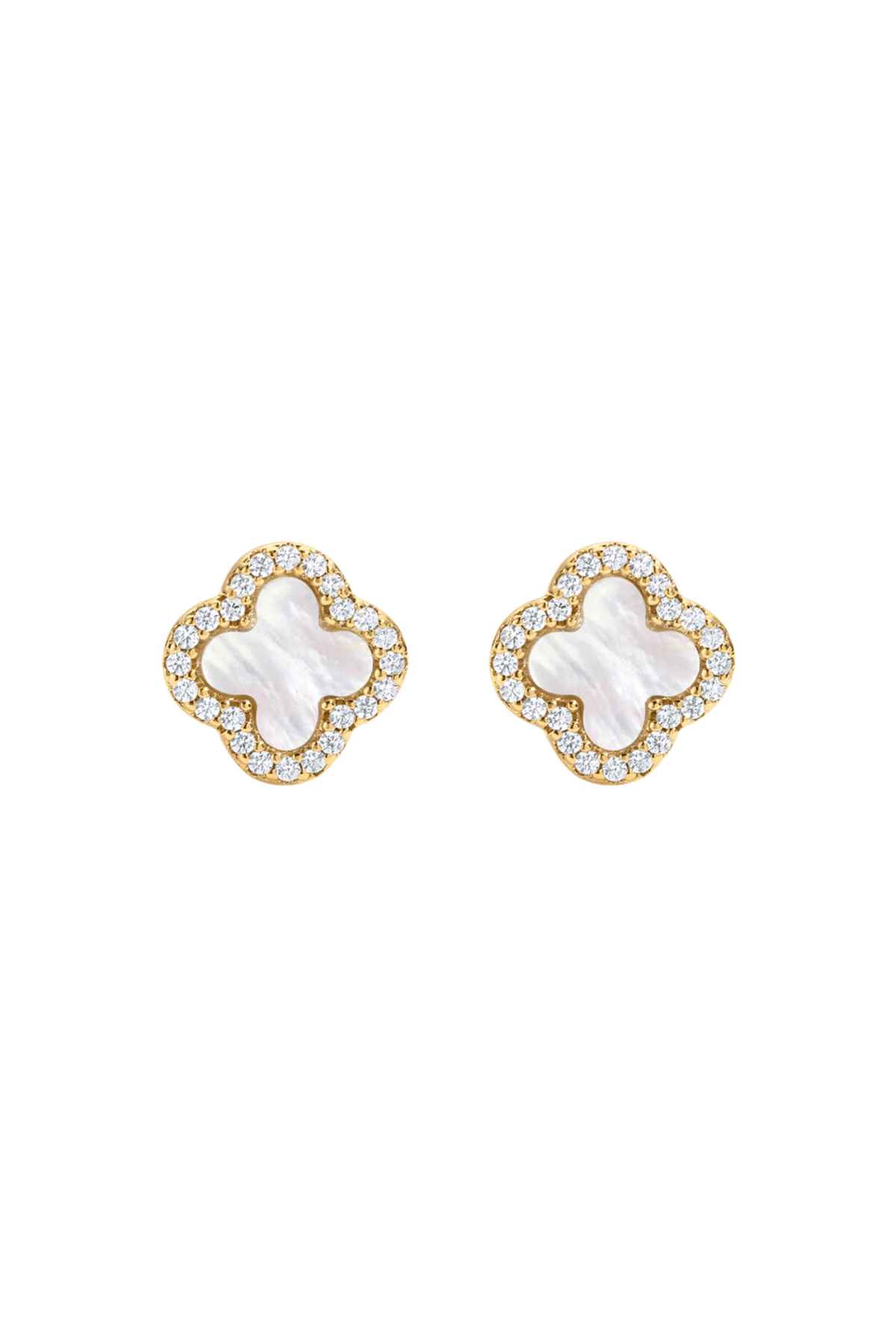 Gold clover icon stud earrings with white sparkle and rhinestone border, pair