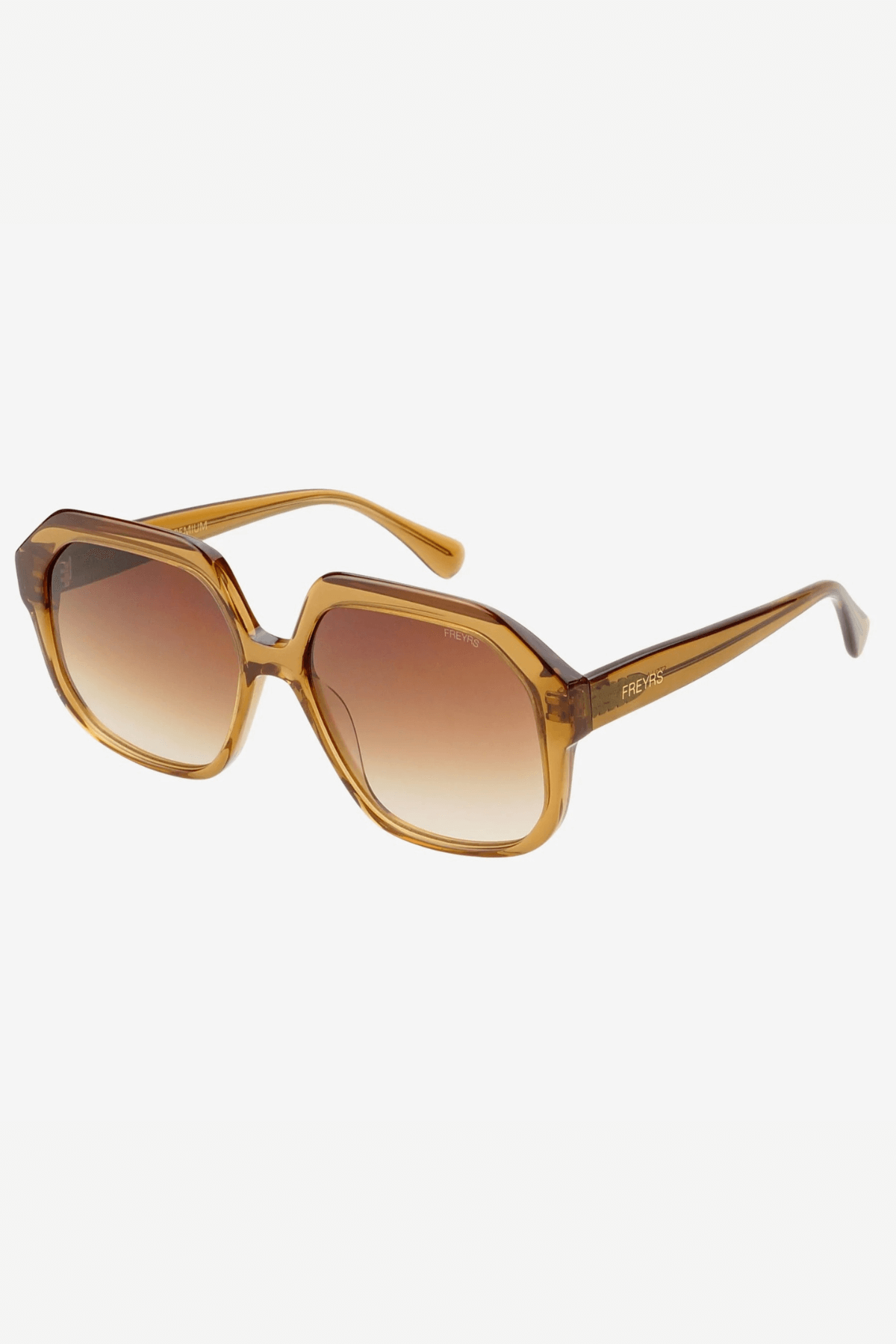 Brown octagonal sunglasses with tinted amber lenses and thin temple arms