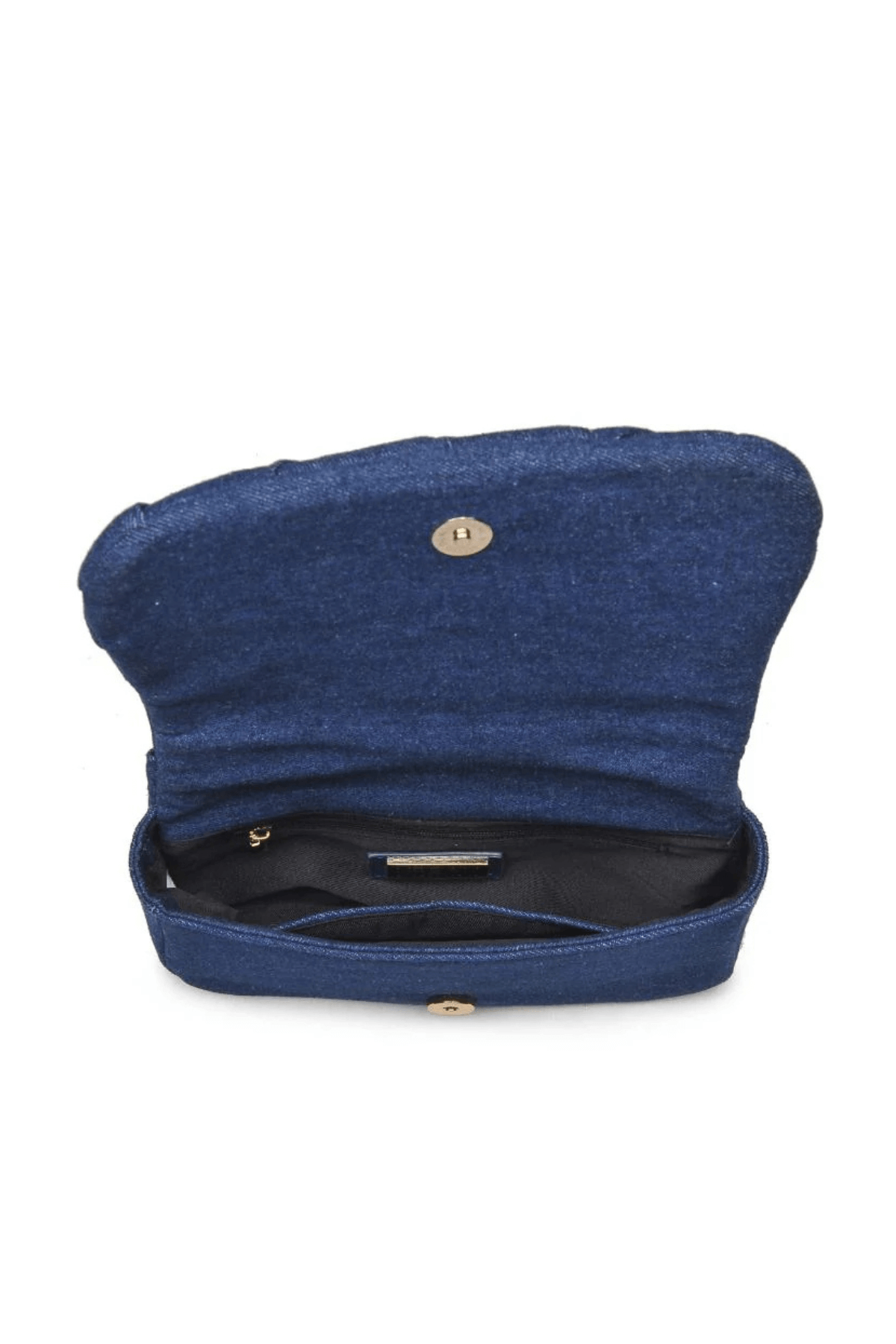 Denim woven crossbody bag open view with interior pocket and gold hardware