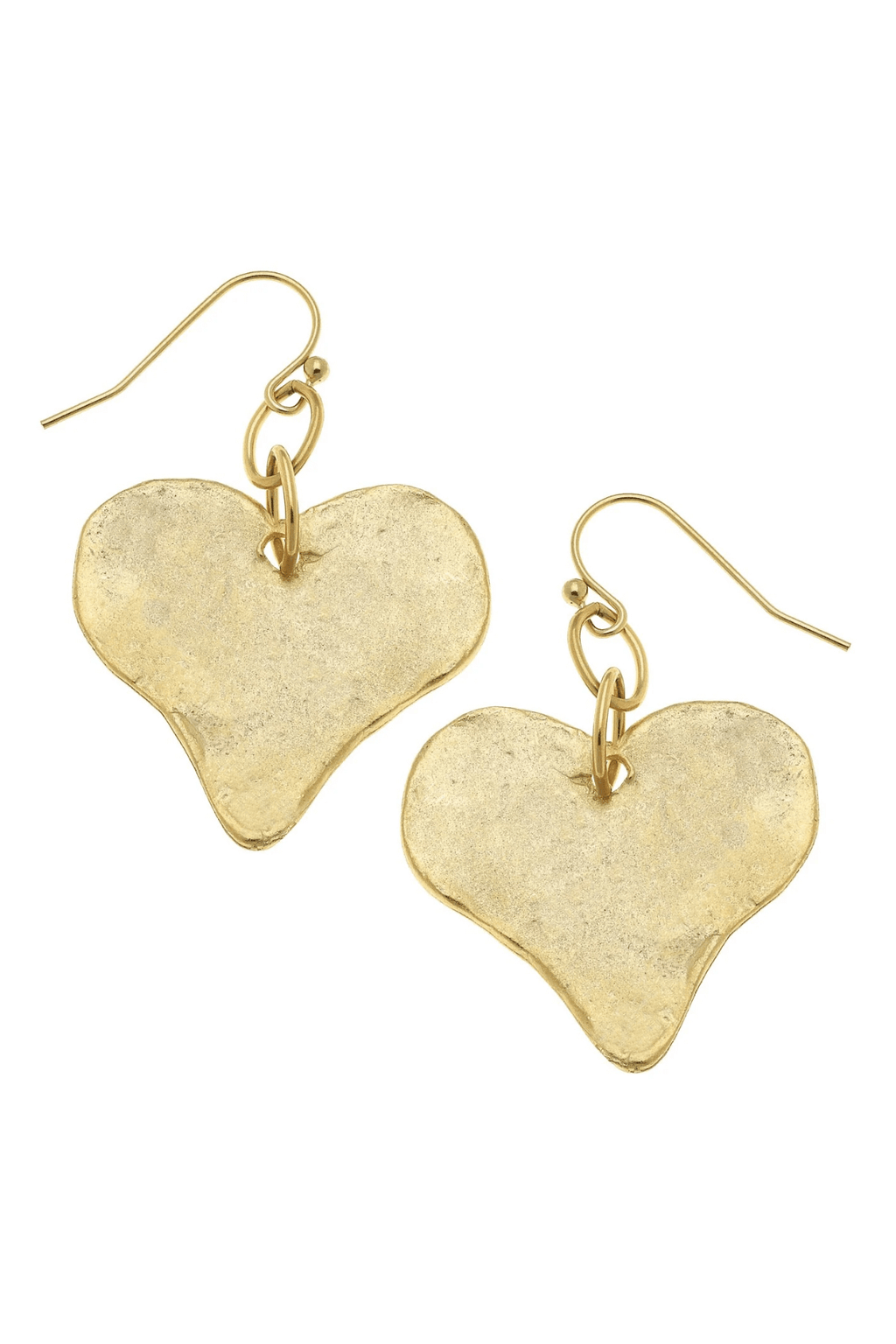 Gold heart drop earrings, textured heart pendants on hook wires