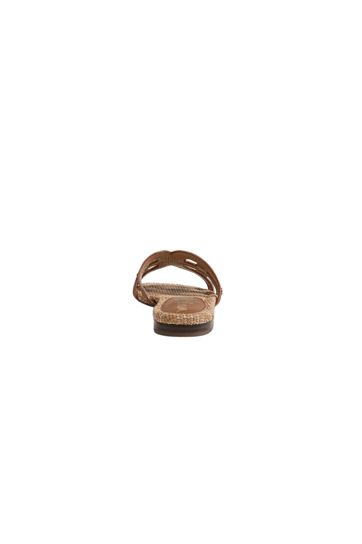 Tan slide sandal with braided strap and rounded toe, low flat sole