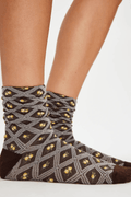 Floral jacquard trouser socks, dark brown with yellow diamond pattern