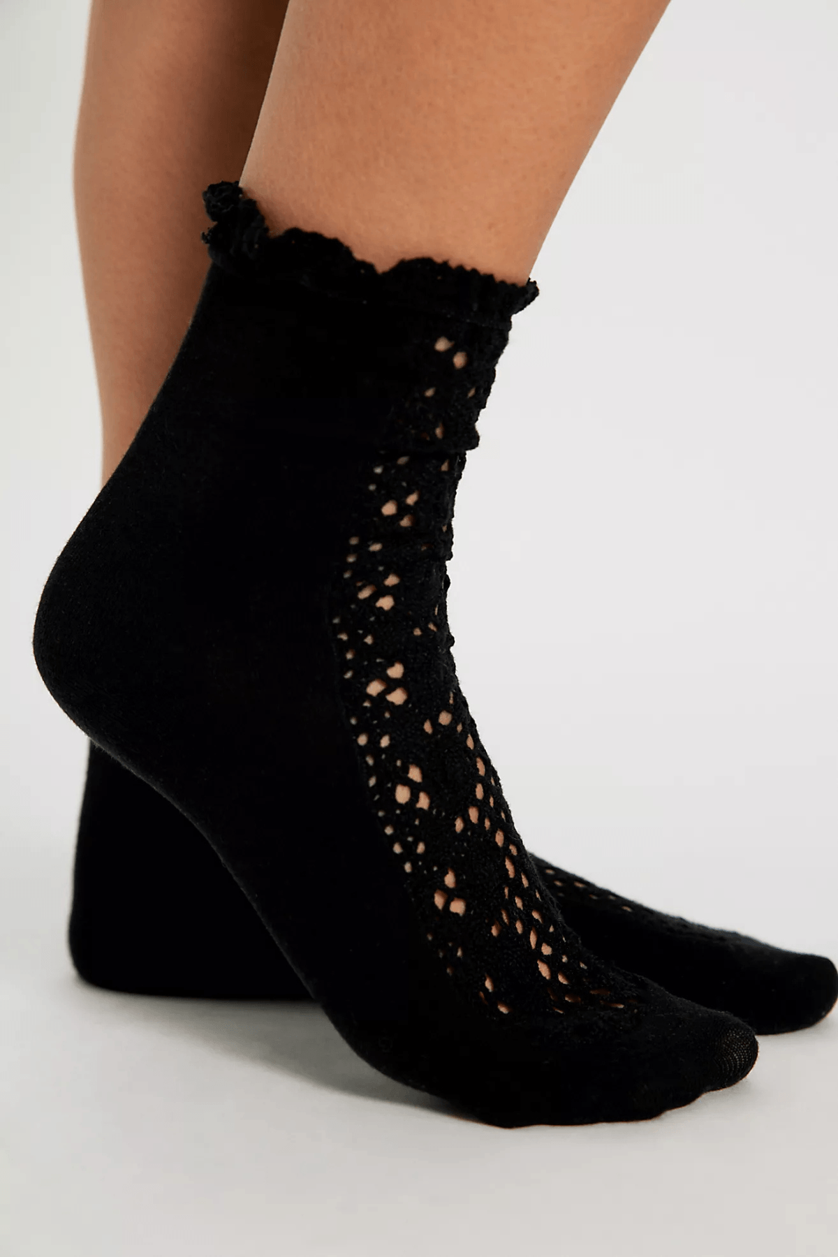 Black crochet detail crew socks with floral lace panel at the ankle