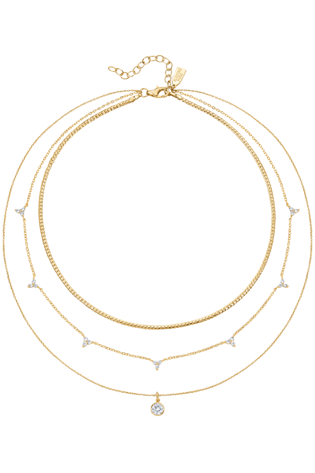 Gold triple-layer pendant necklace with dangling charms and round blue gemstone