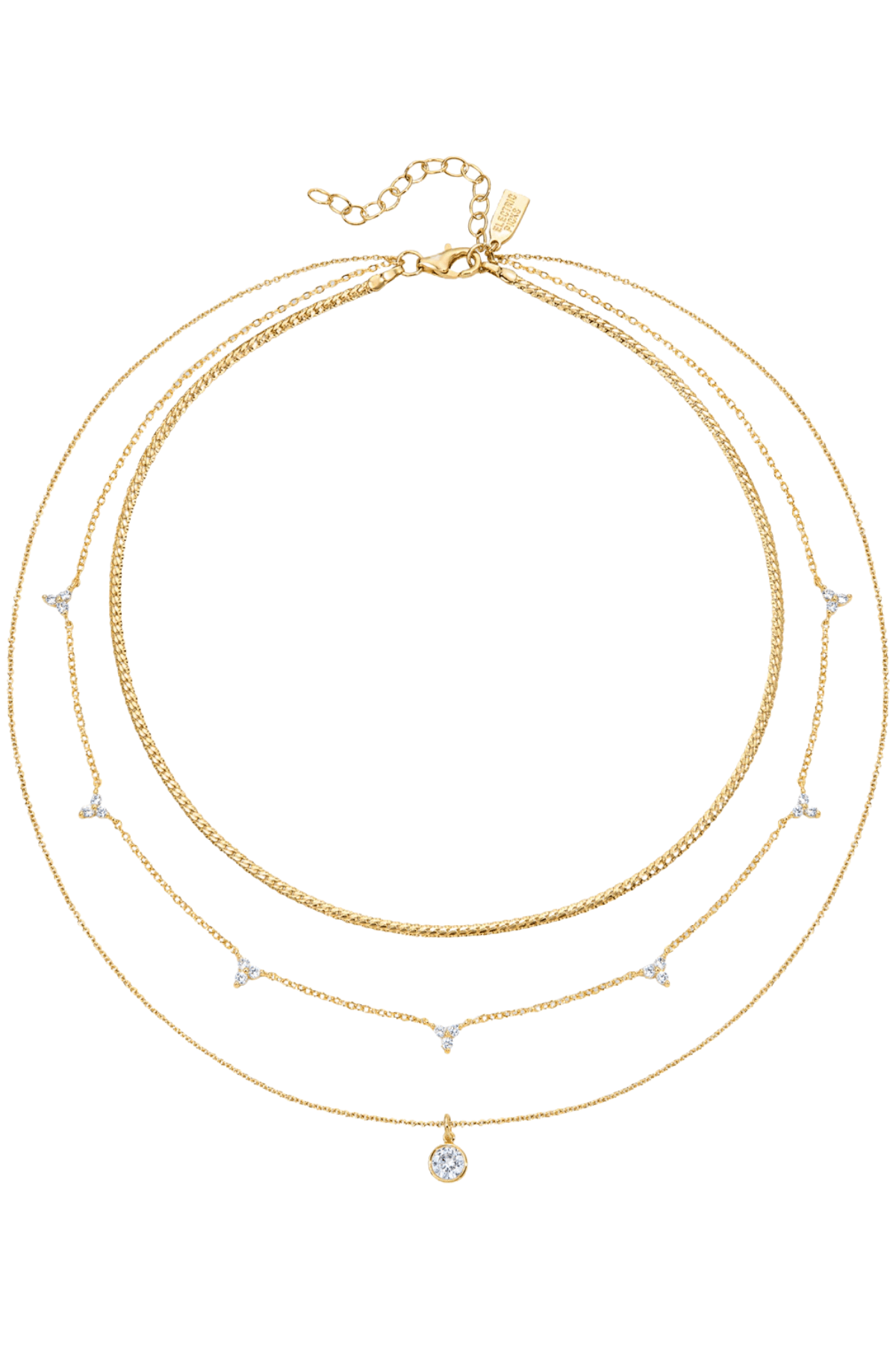 Gold triple-layer pendant necklace with dangling charms and round blue gemstone