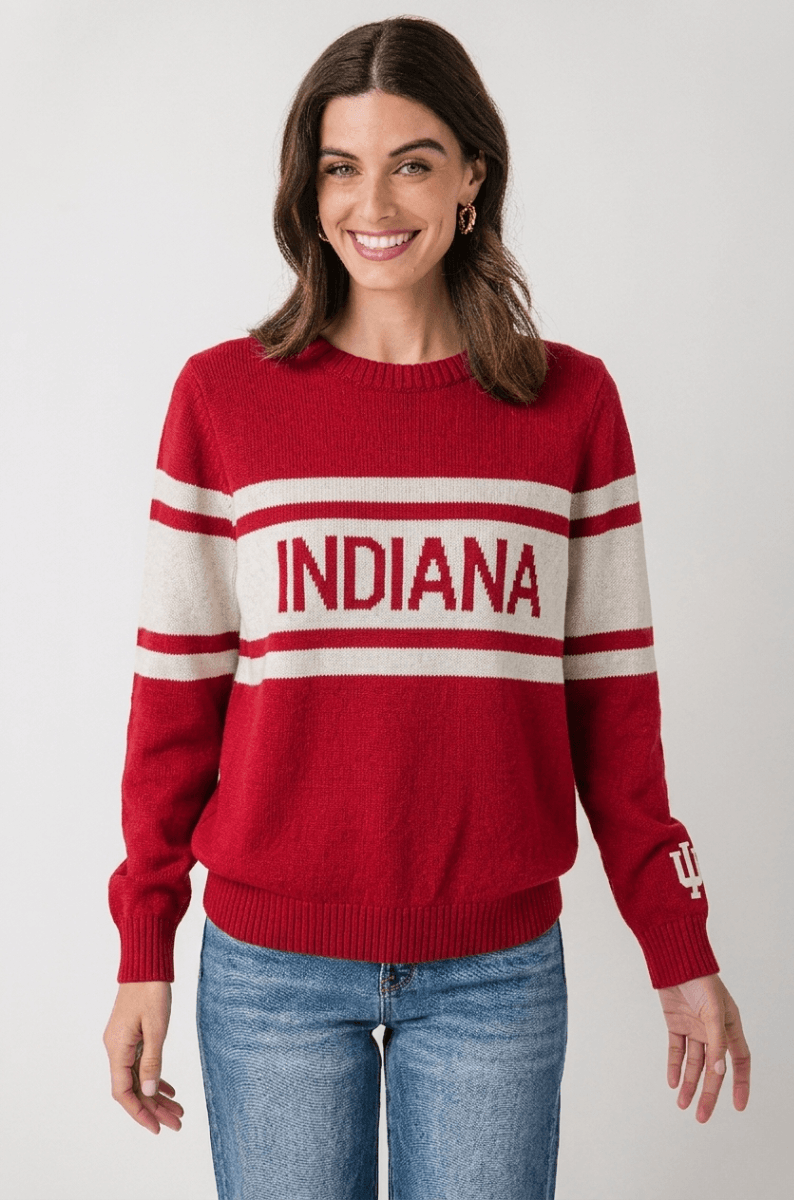 Vintage knit campus sweater, red with cream stripes and large INDIANA chest text