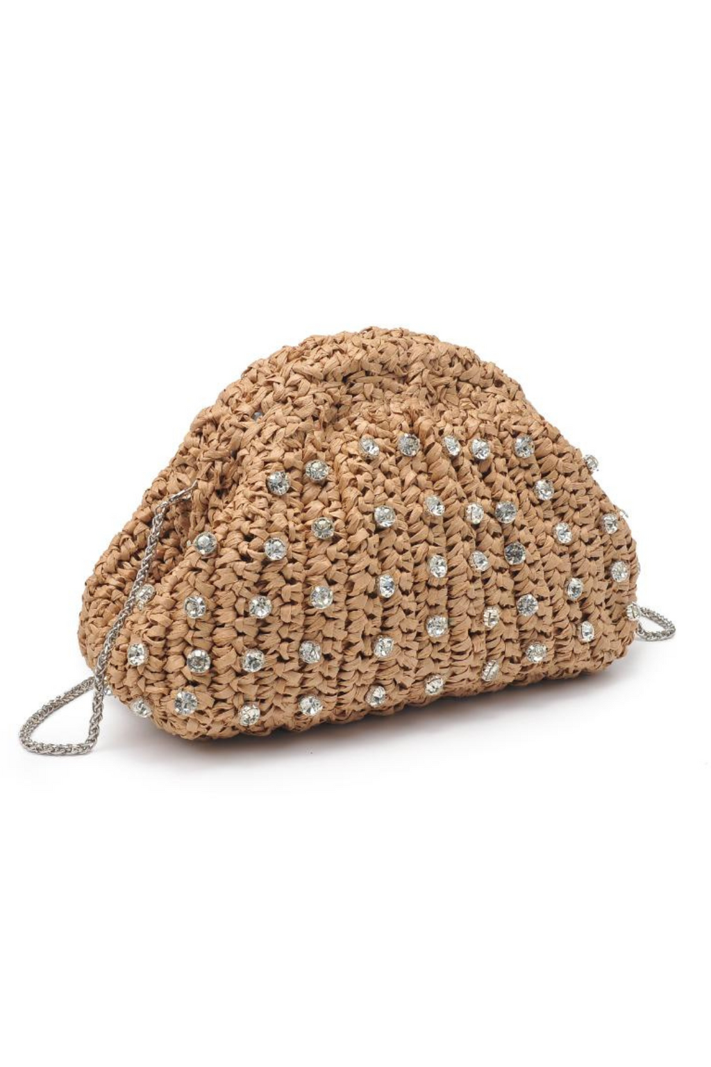 Urban Expressions straw clutch with beaded embellishments, top clasp and chain strap