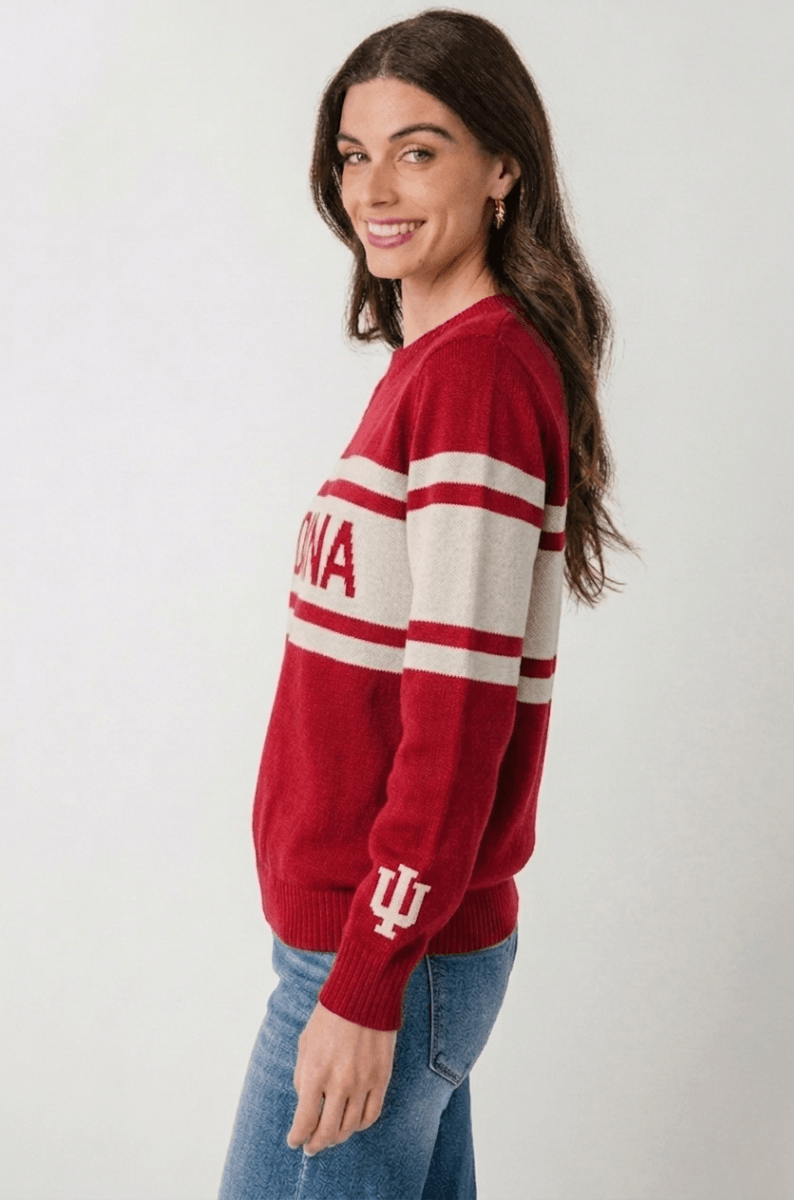 Vintage knit campus sweater, red with cream striped sleeves and IU cuff logo