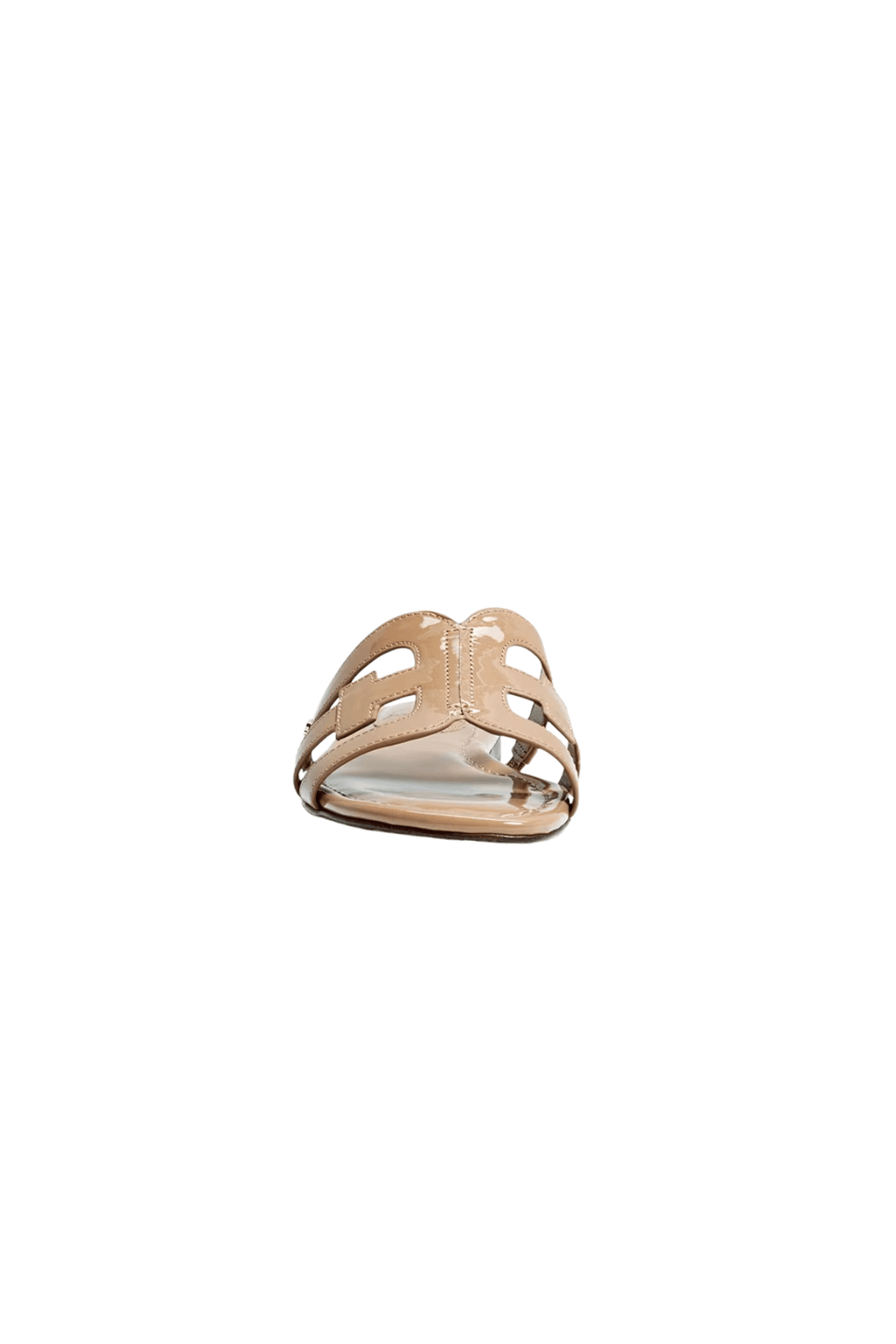 Shiny tan slide sandal with braided straps and open square toe
