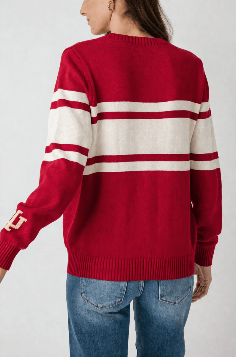 Vintage campus sweater in red with white stripe bands on the back and ribbed knit cuffs