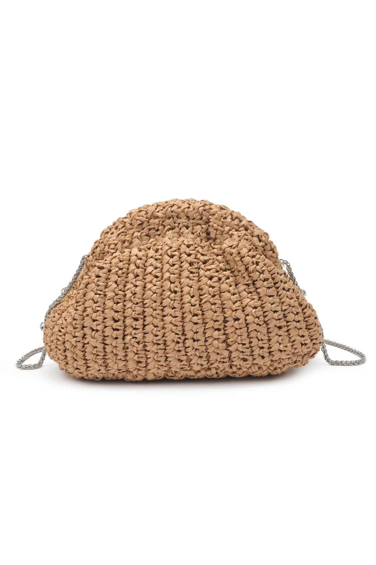 Beige straw clutch with rounded shape and chain strap