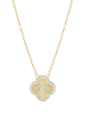 Gold icon pendant necklace with flower-shaped charm and blue crystal accents
