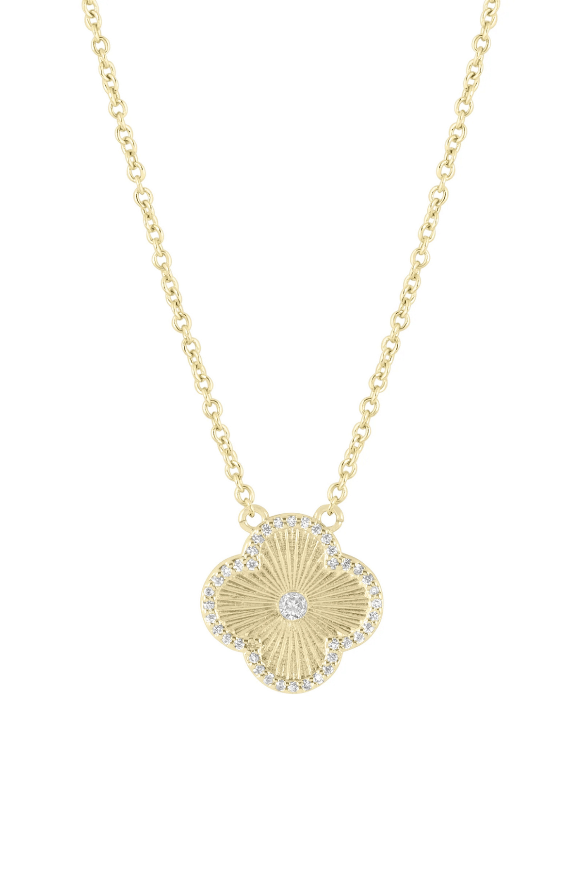 Gold icon pendant necklace with flower-shaped charm and blue crystal accents