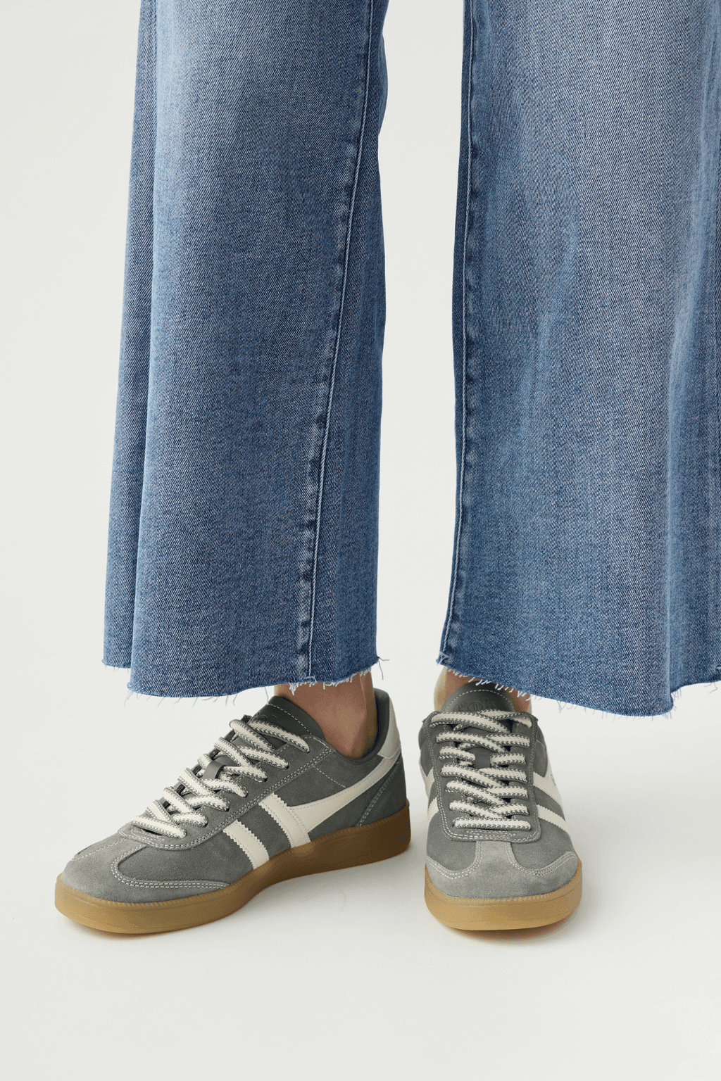 Viper '78 low sneakers front view, olive gray suede with off-white stripes and laces