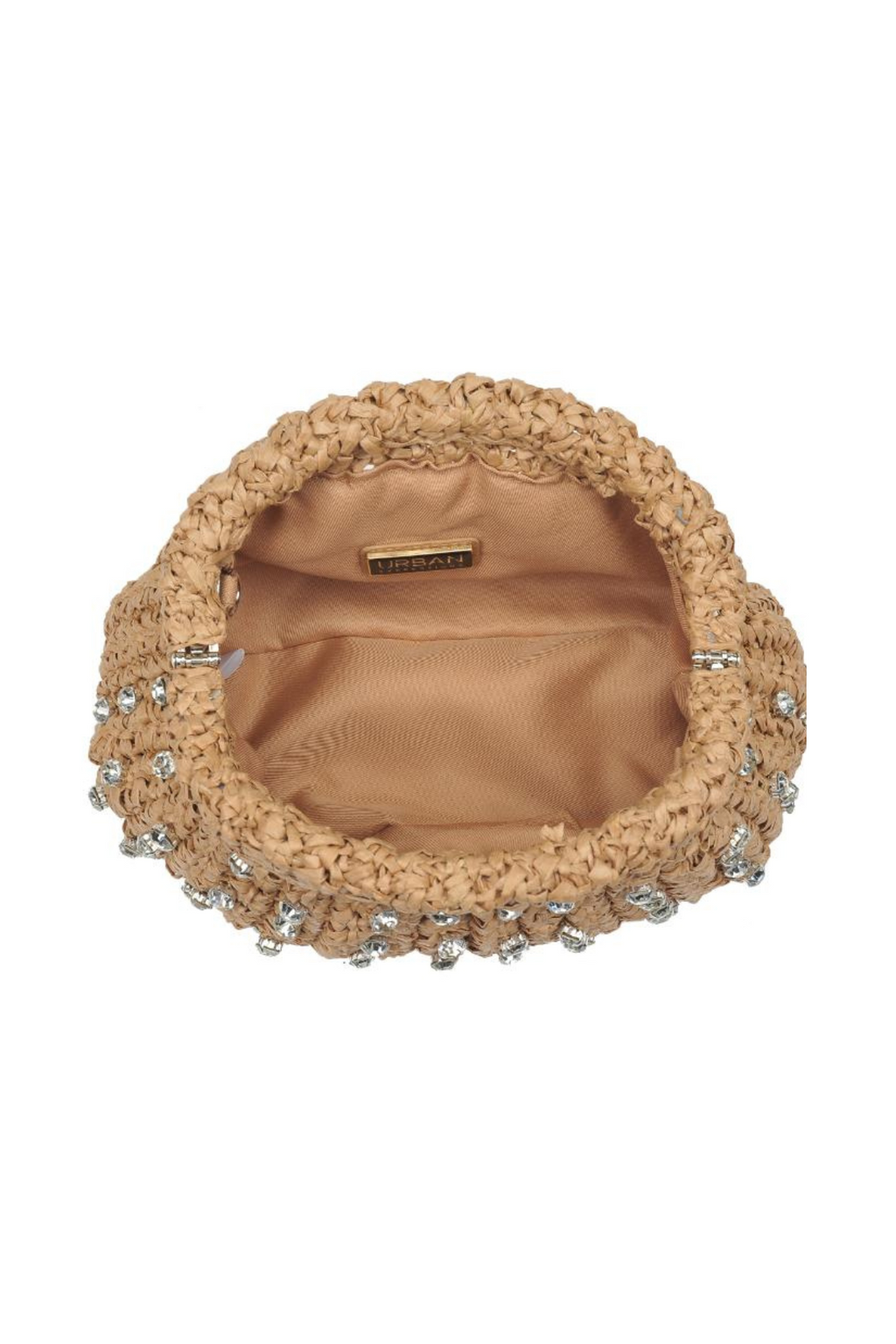 Beige straw clutch interior view with clasp label and beaded trim