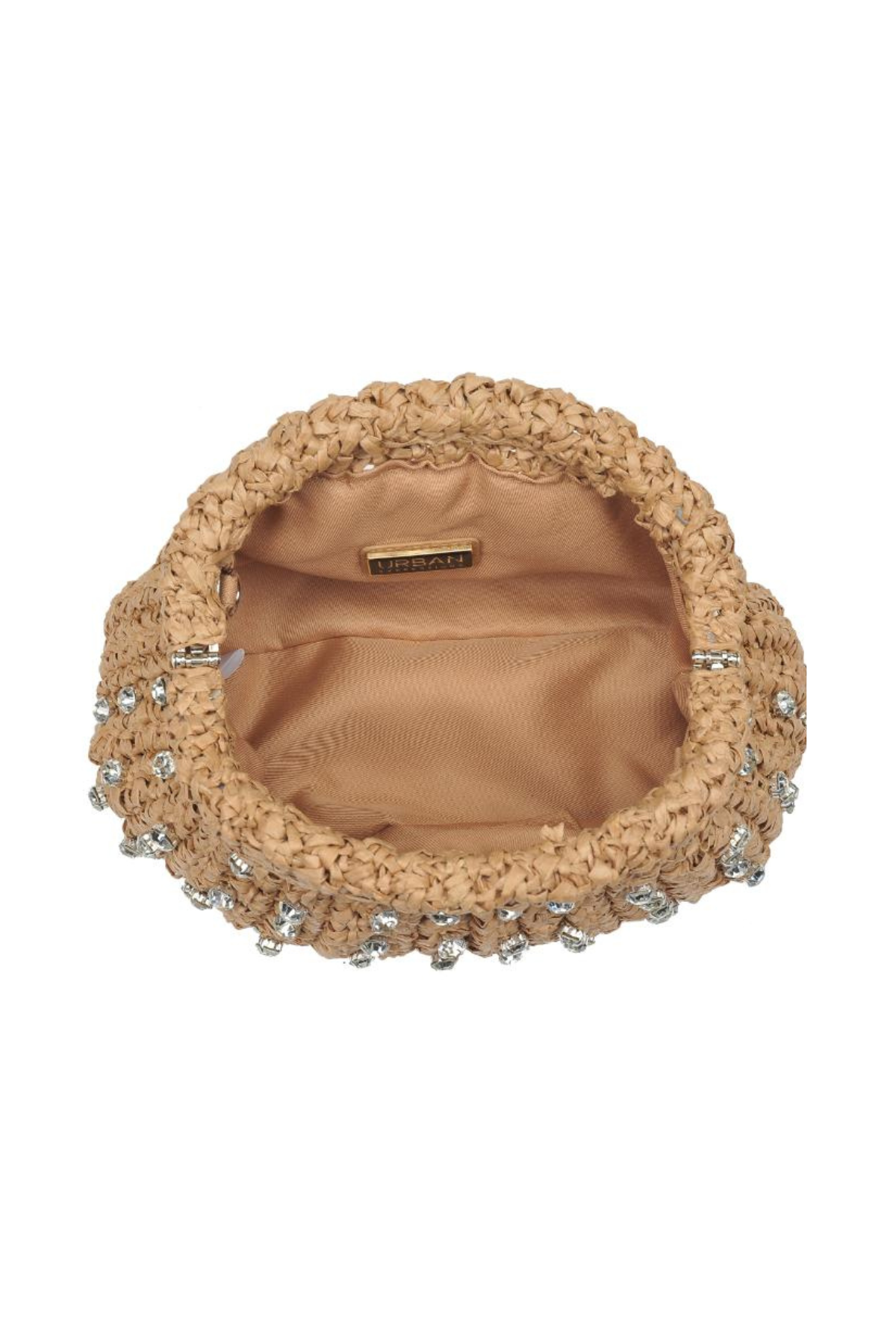 Beige straw clutch interior view with clasp label and beaded trim