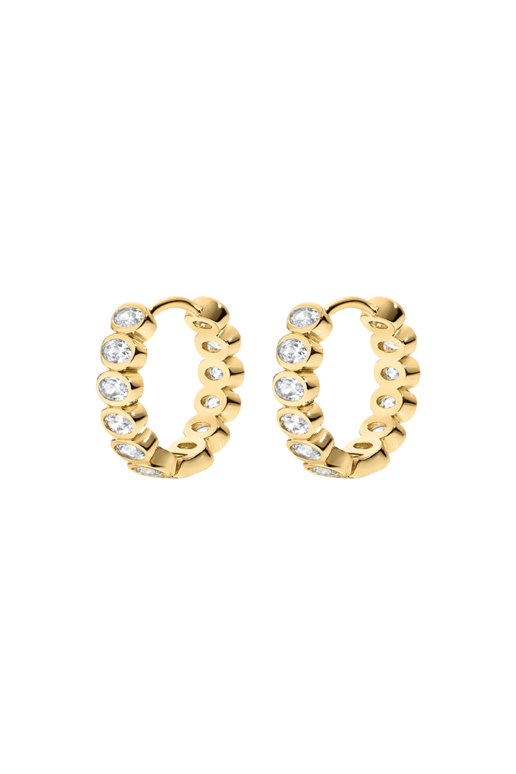 Gold-tone hoop earrings with sparkling round stones and clustered hoop detail