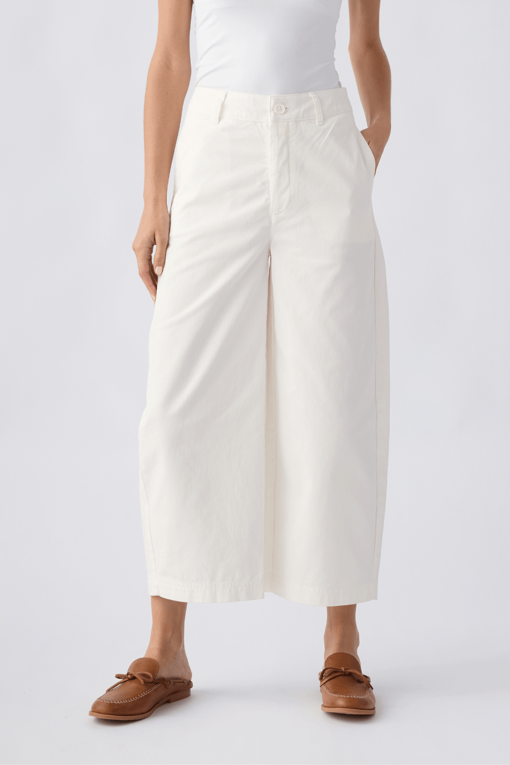 Ivory high-rise chino pants, cropped wide-leg with belt loops and front pleats