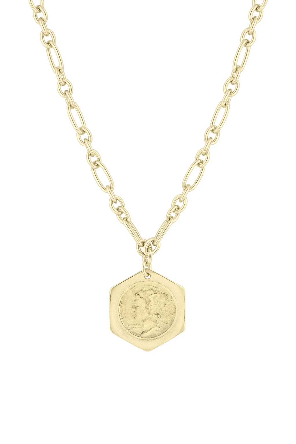 Gold chain necklace with embossed hexagon pendant, close-up