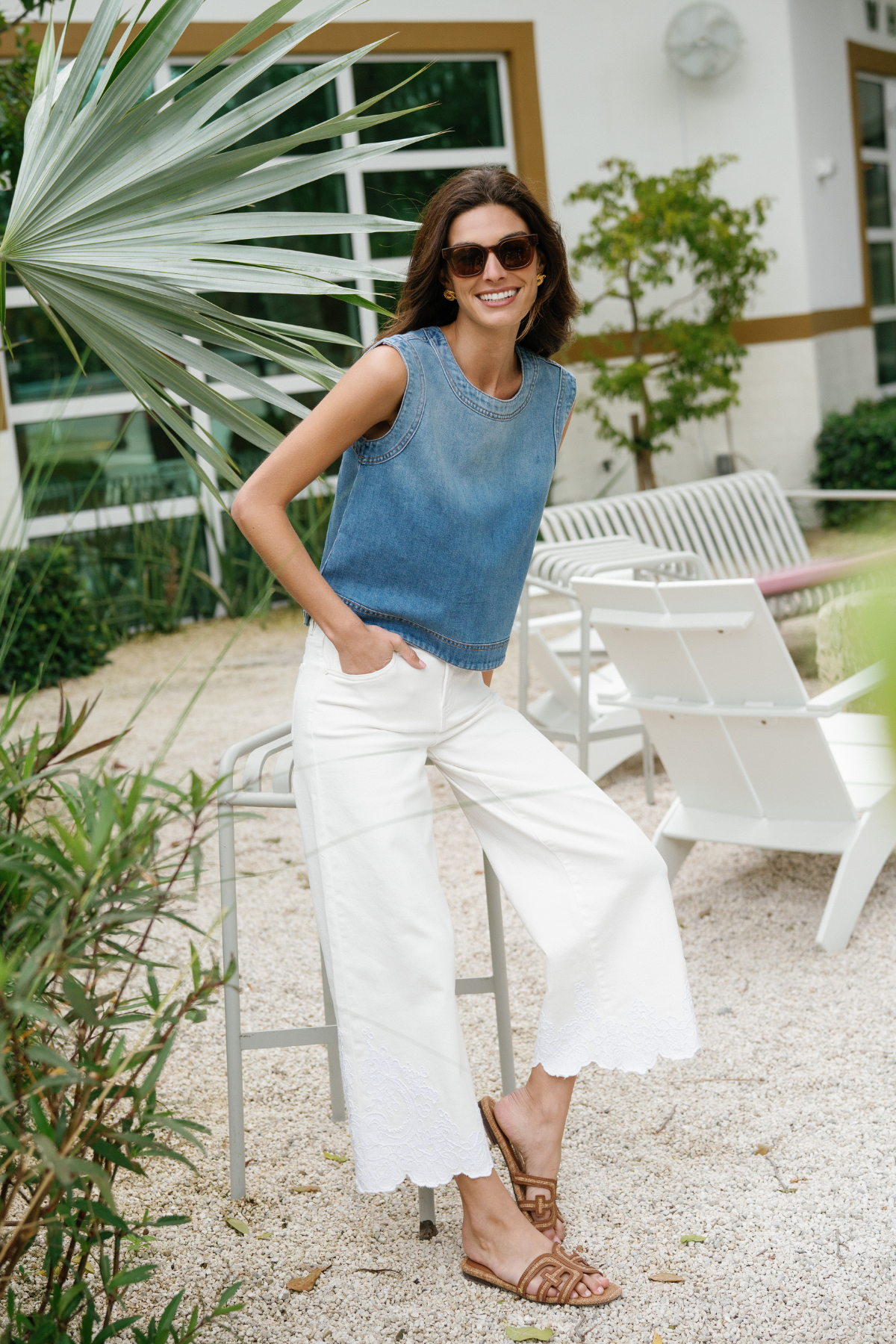 Cream high-rise crop wide-leg pants with lace-trim hem and relaxed wide fit