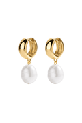 Gold hoop earrings with white teardrop pearl dangles