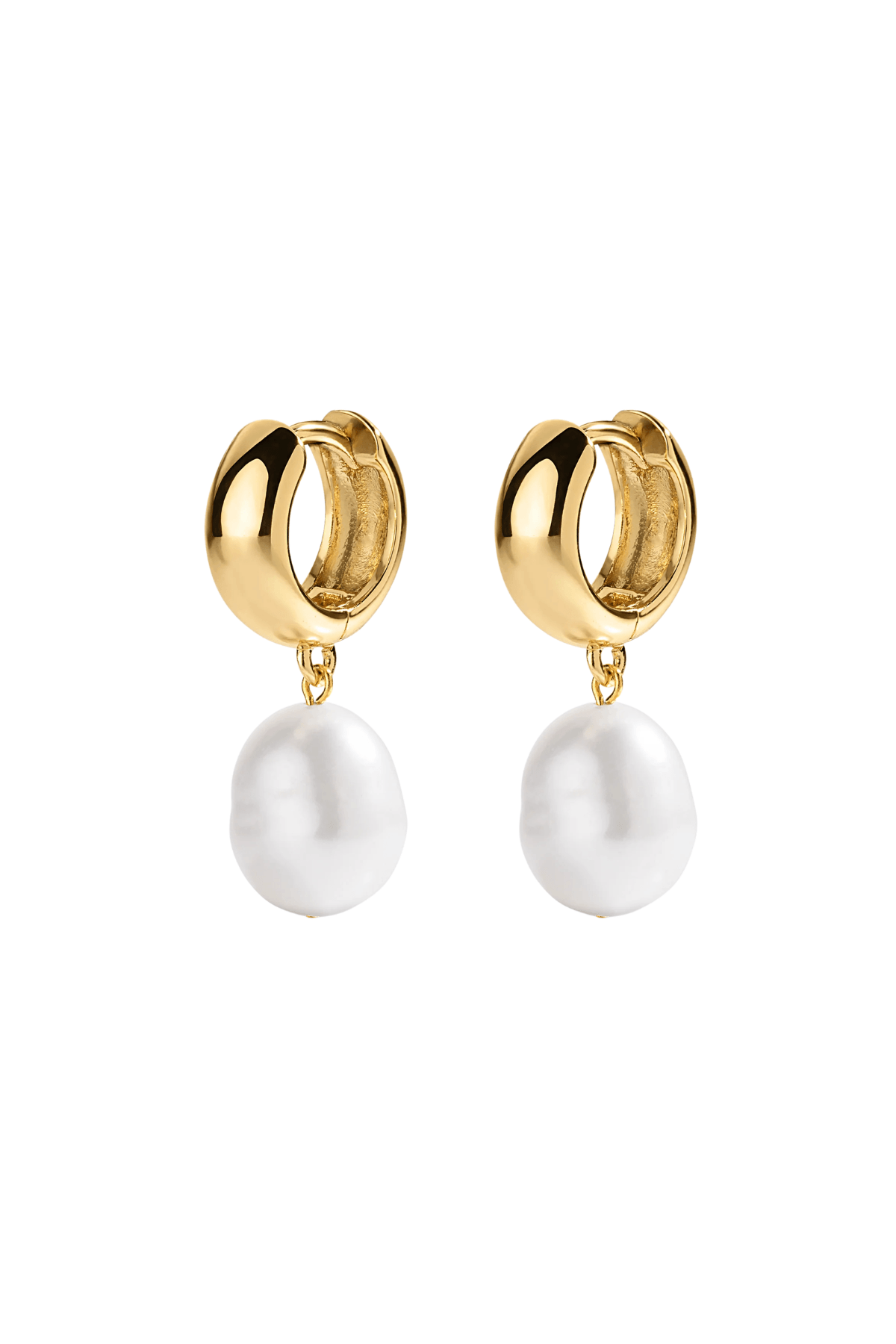Gold hoop earrings with white teardrop pearl dangles