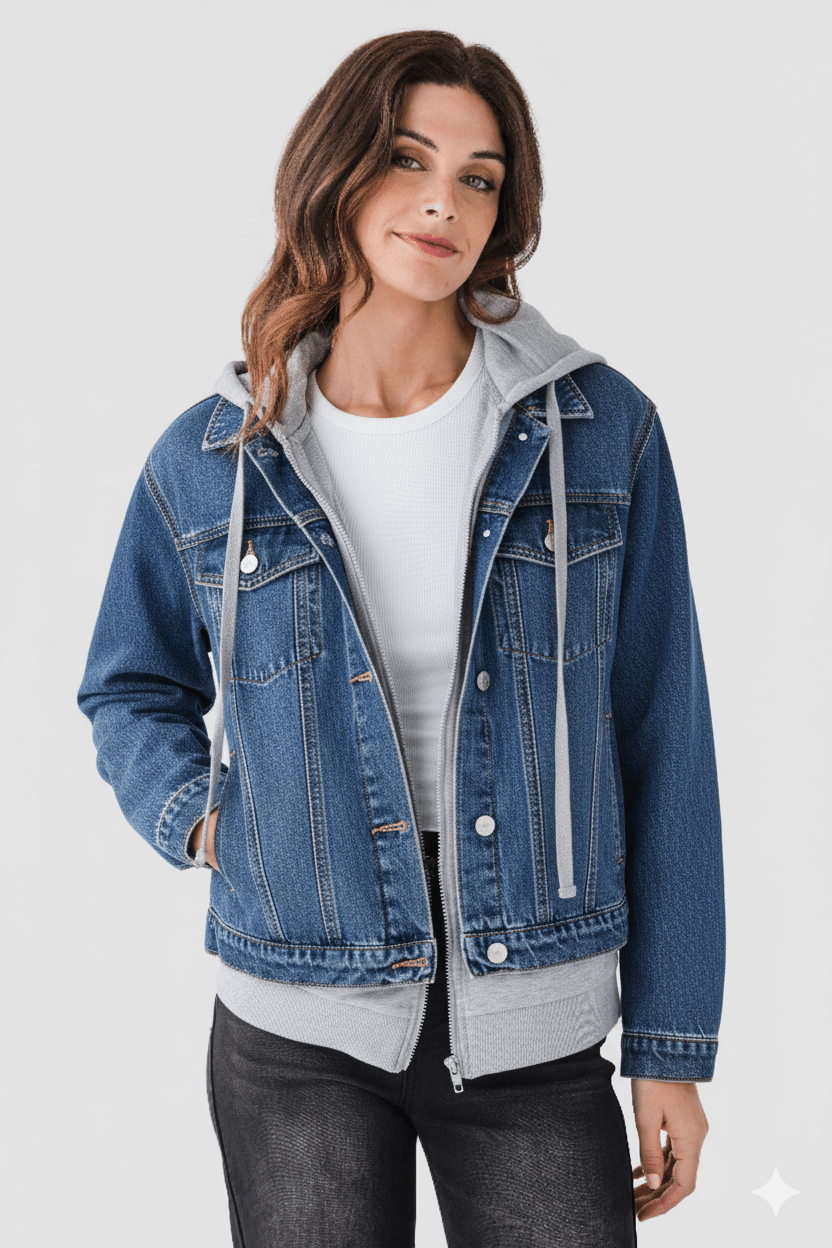 Blue denim sweatshirt jacket with hood, button front, and gray ribbed trim