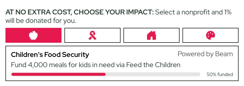 Charity donation interface with options to choose a nonprofit and donate 1% of the cost.