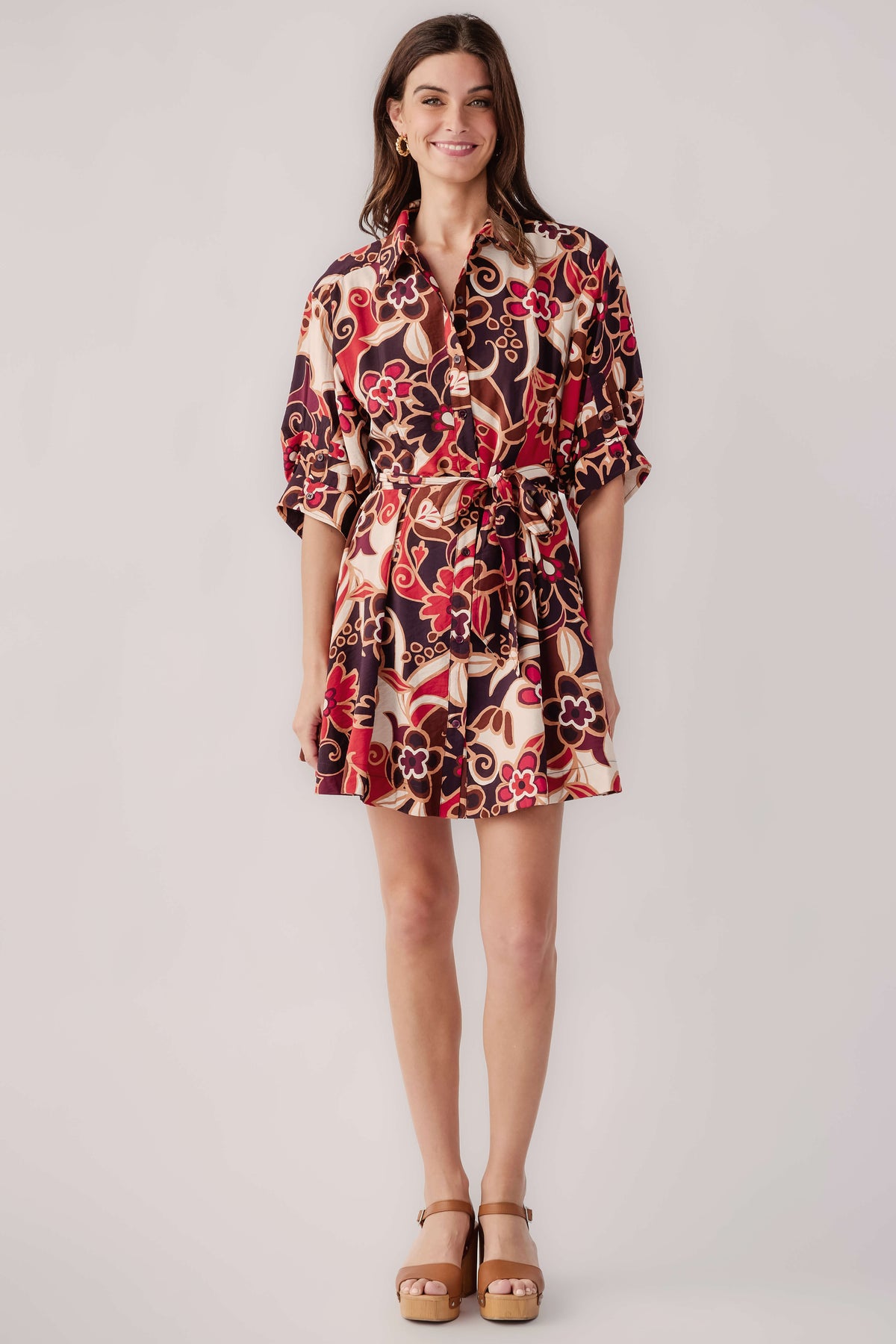 Abstract floral shirt dress with belted waist and 3/4 sleeves, purple-red-cream pattern