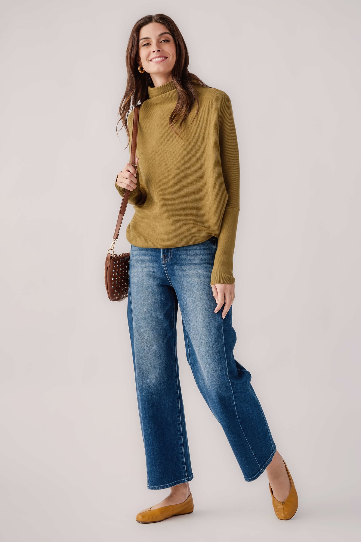 Olive slouch-neck dolman pullover sweater with loose dolman sleeves