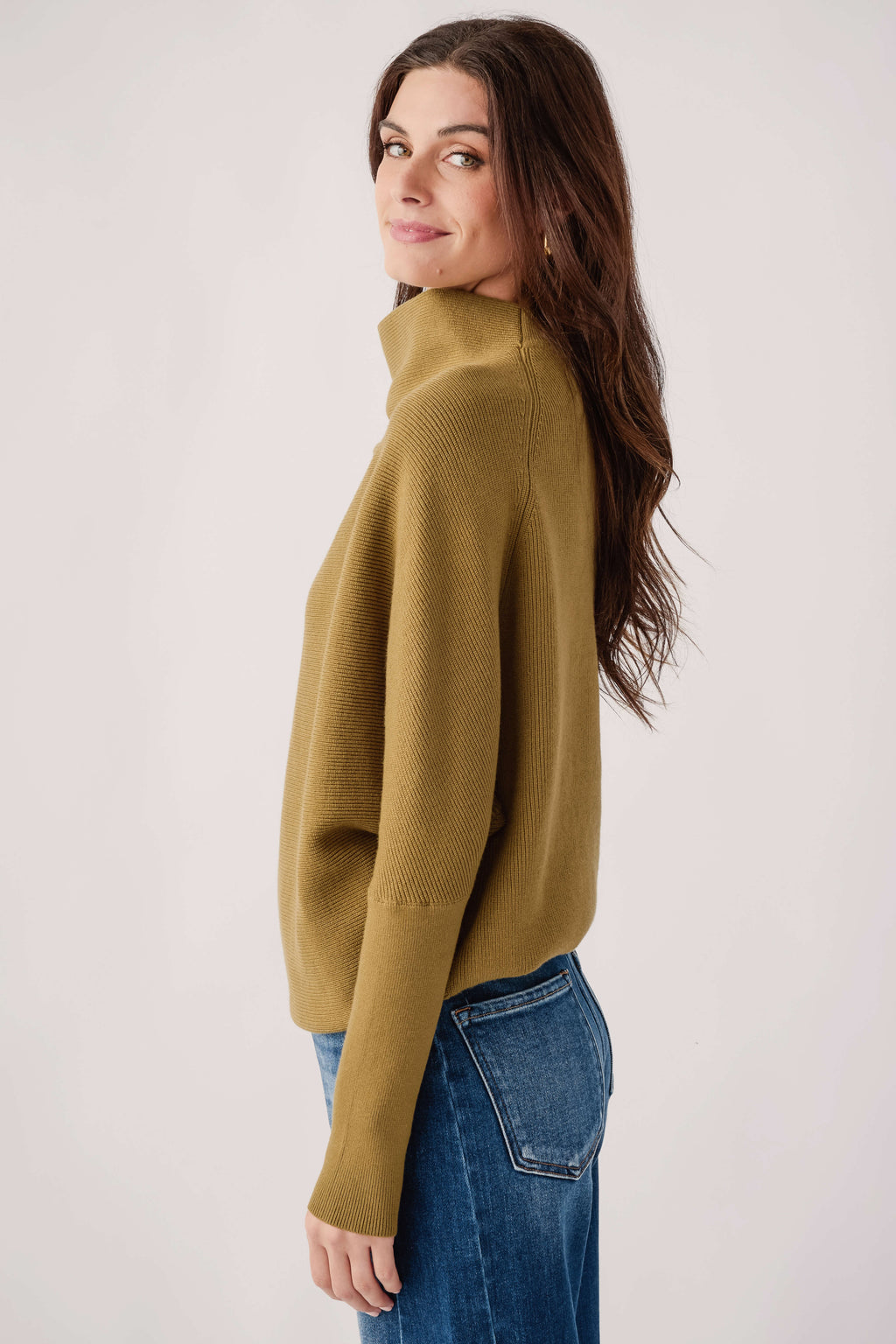 Olive slouch-neck dolman pullover sweater shown from the side