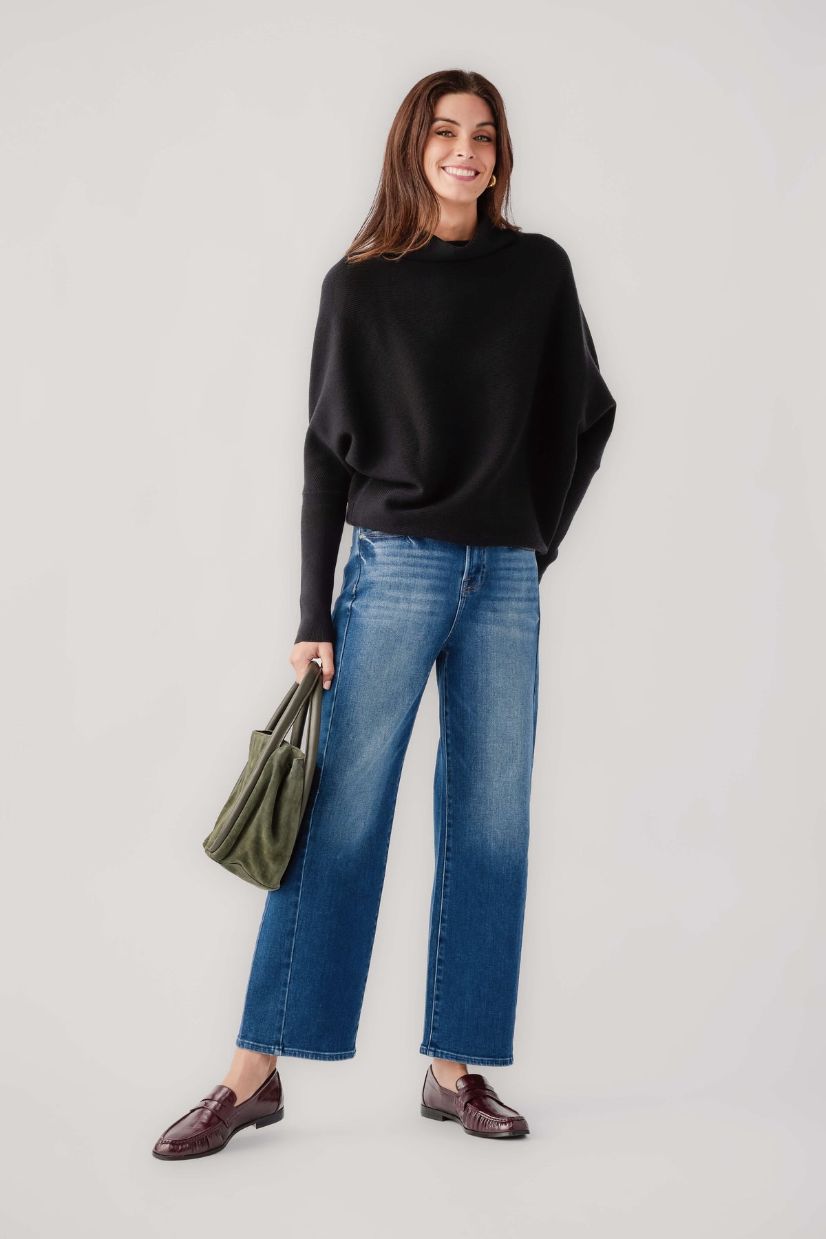 Black slouch-neck dolman pullover sweater with relaxed wide sleeves