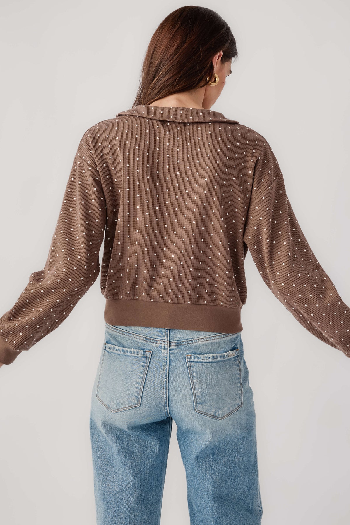 Mocha polka dot cardigan back view with Peter Pan collar and long sleeves