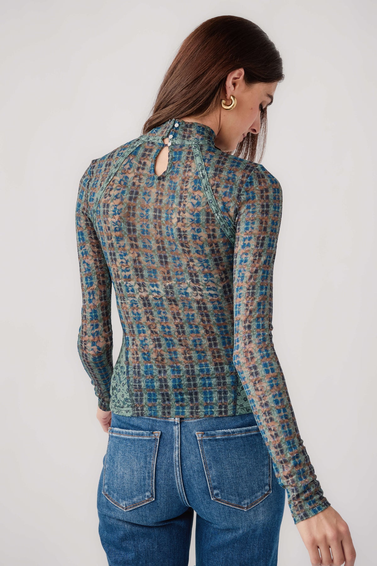 Sheer lace long-sleeve turtleneck top with keyhole back, teal patterned