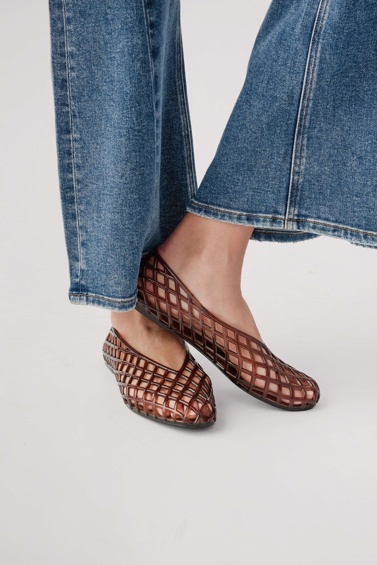 Brown lattice jelly ballet flats, low profile with rounded toe