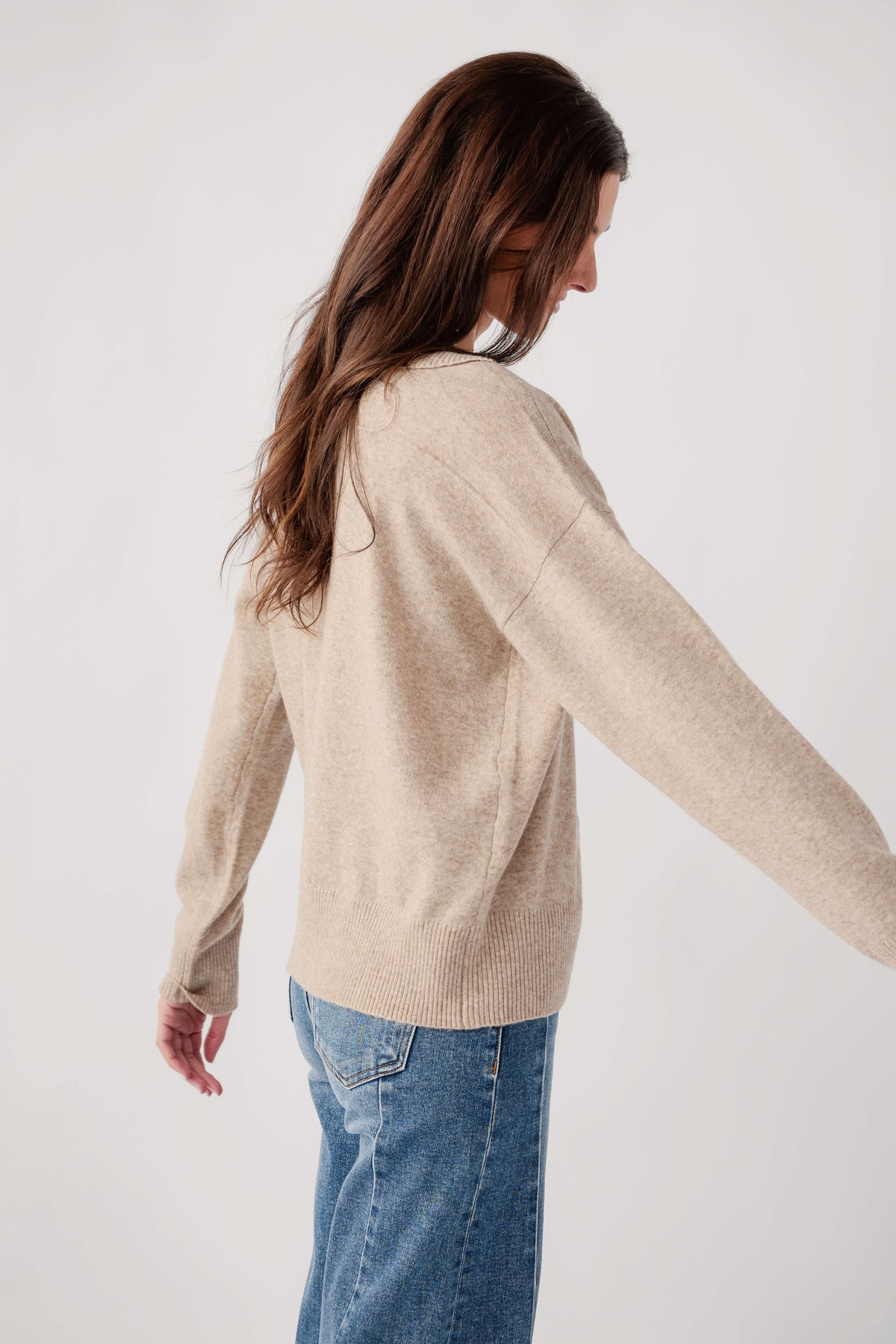 Light mocha polo knit sweater with collar, side view