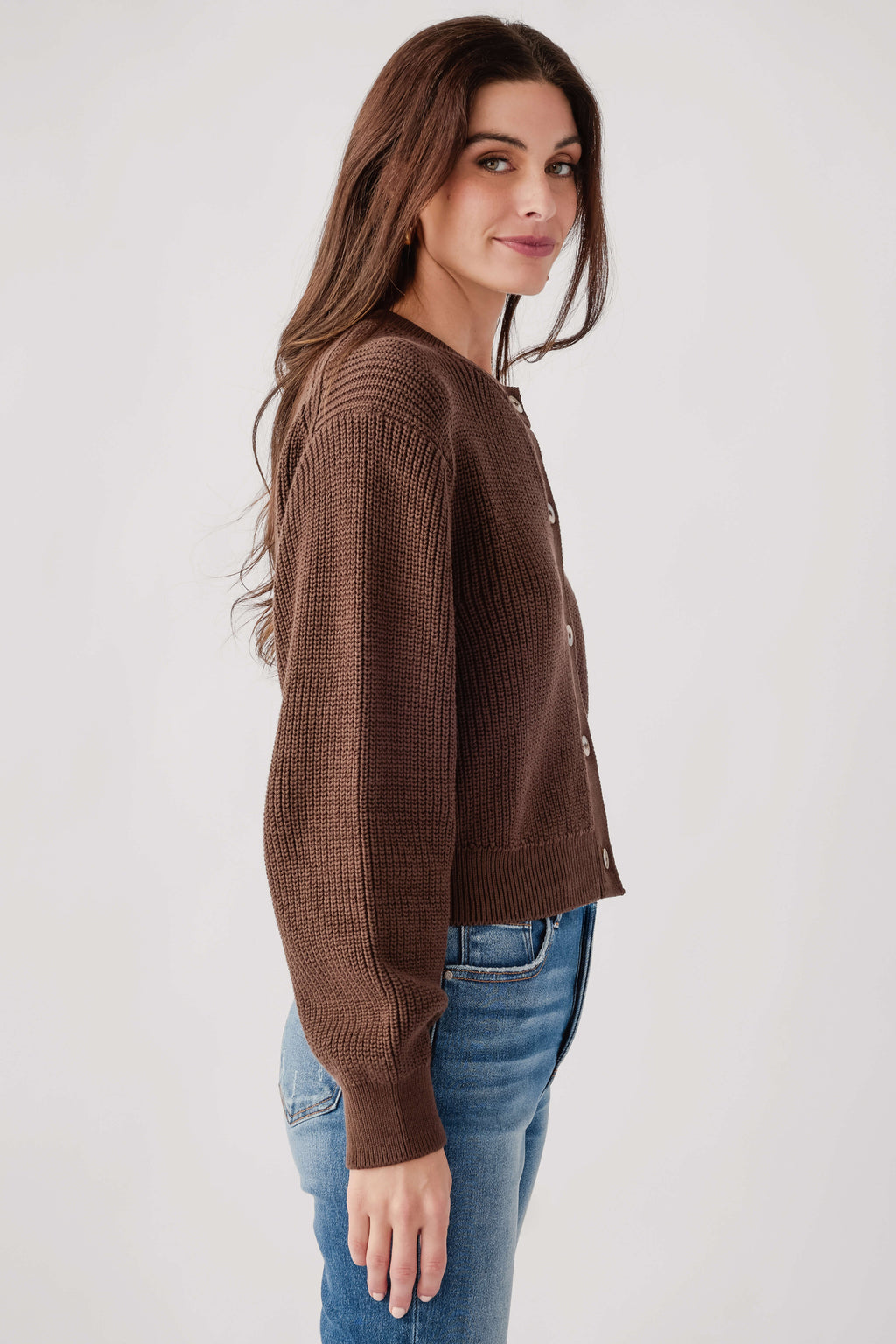 Coffee brown ribbed knit cardigan, long sleeves, button placket detail