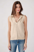 Oatmeal hooded sleeveless zip-up vest with front zipper and drawstring hood