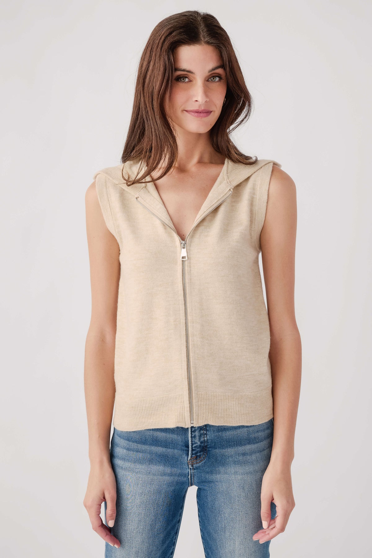 Oatmeal hooded sleeveless zip-up vest with front zipper and drawstring hood