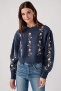 Navy sweater with crew neck and floral vine embroidery