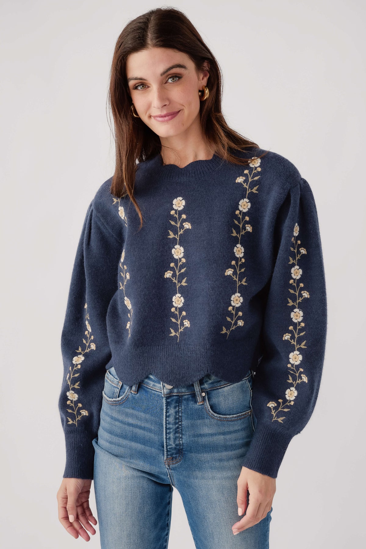 Navy sweater with crew neck and floral vine embroidery