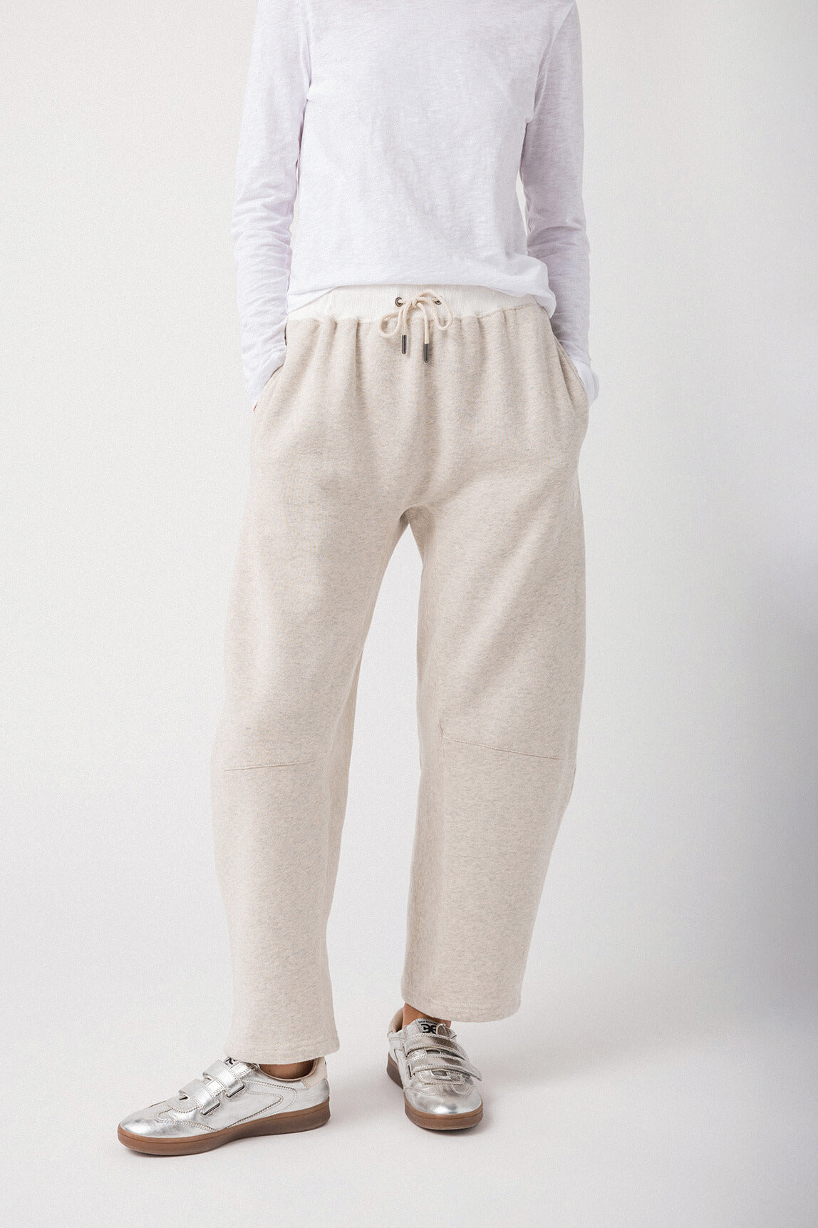 Heather gray drawstring lounge pants with relaxed straight legs