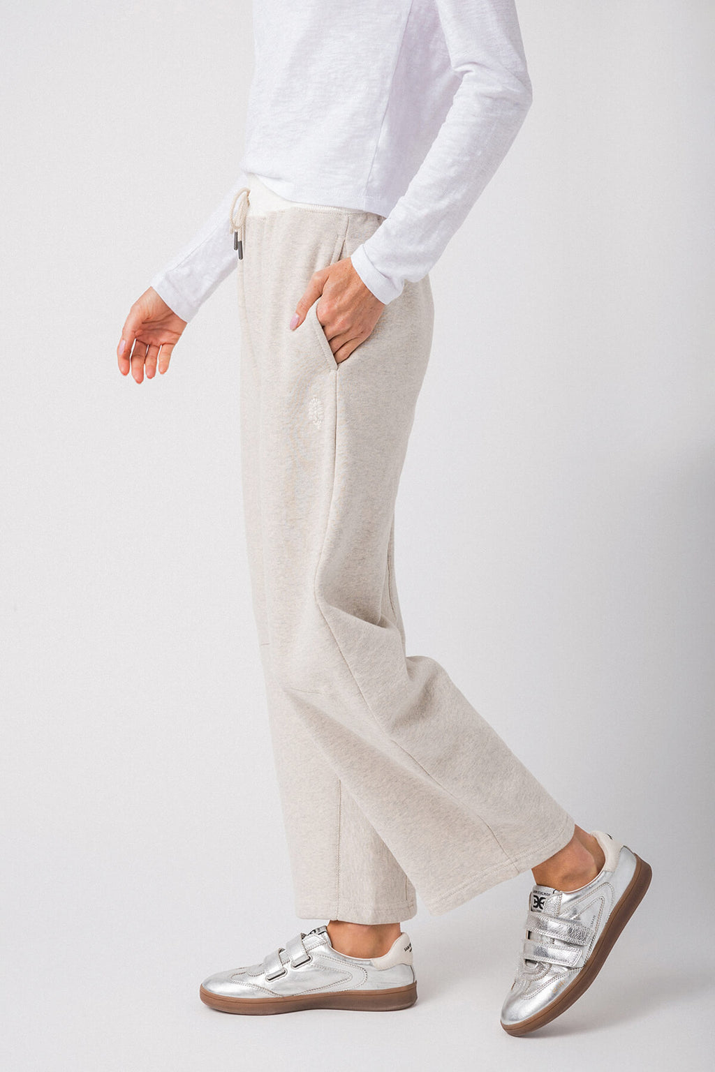 Heather gray drawstring pants with cuffed ankle hem and side pockets